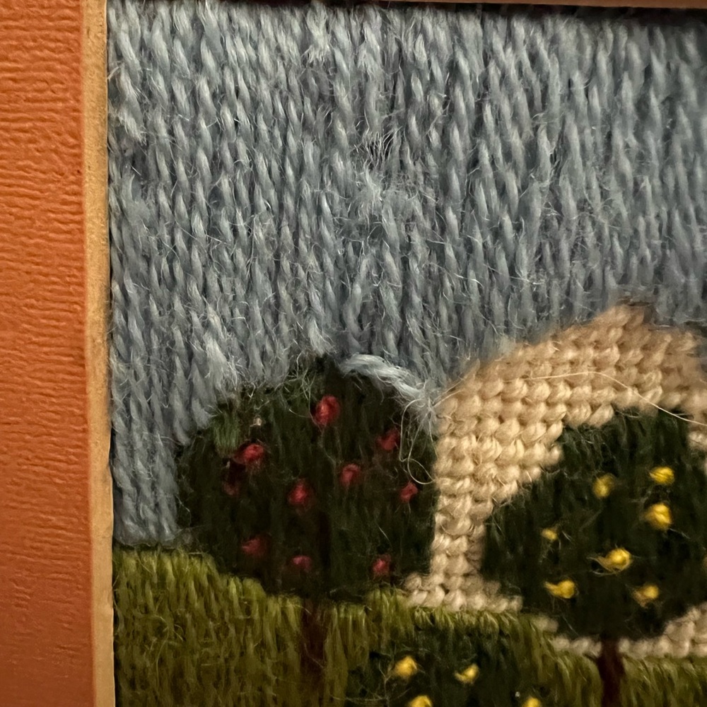 Vintage 90s Artisan Needlepoint Framed Farmhouse Scene - Picture 10 of 16